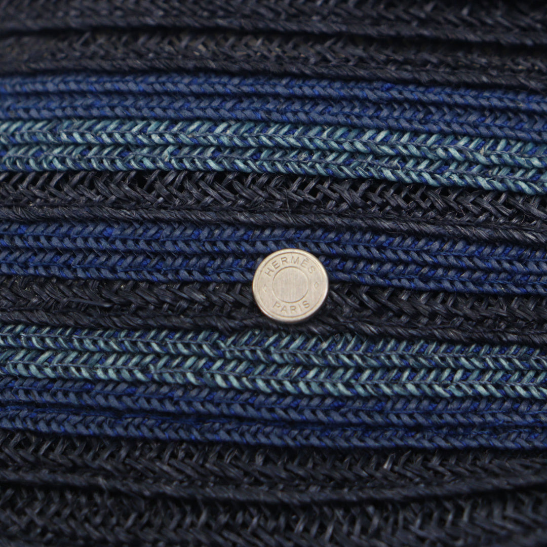 Excellent HERMES hat Raffia Serie Button Fedora Straw Navy Hemp mens 58