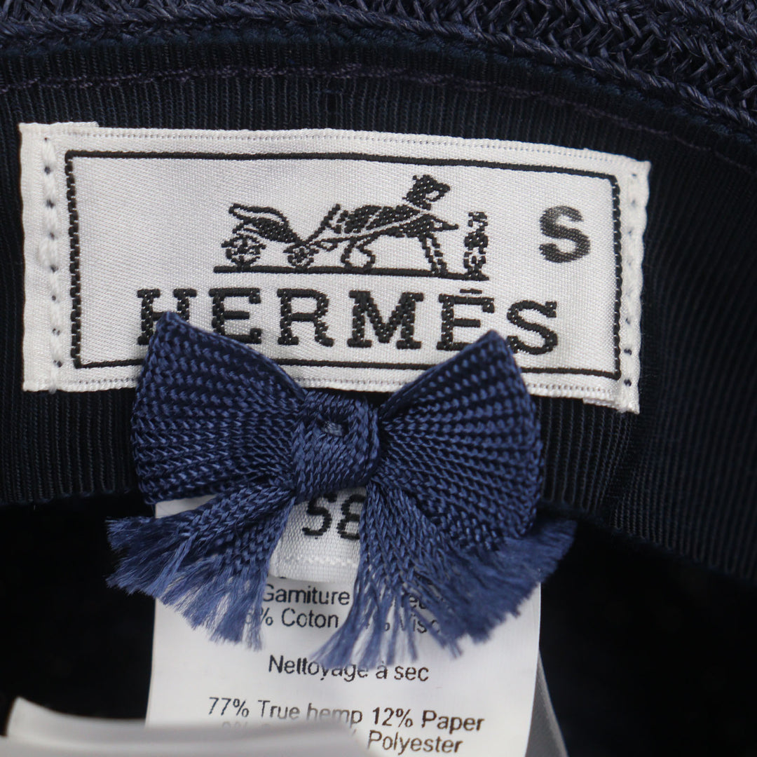 Excellent HERMES hat Raffia Serie Button Fedora Straw Navy Hemp mens 58