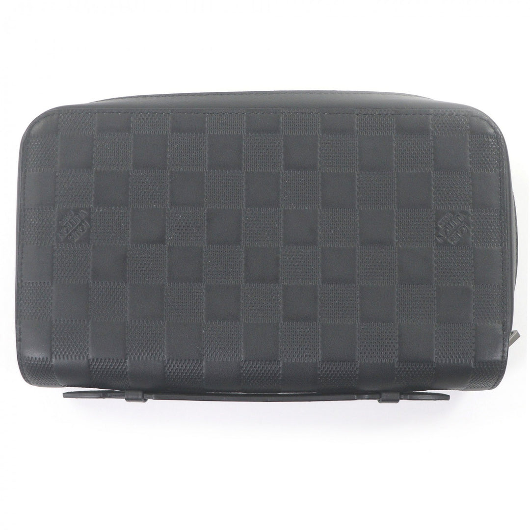 Great LOUIS VUITTON Purse Damier Anfini Zip Around black leather mens N61254
