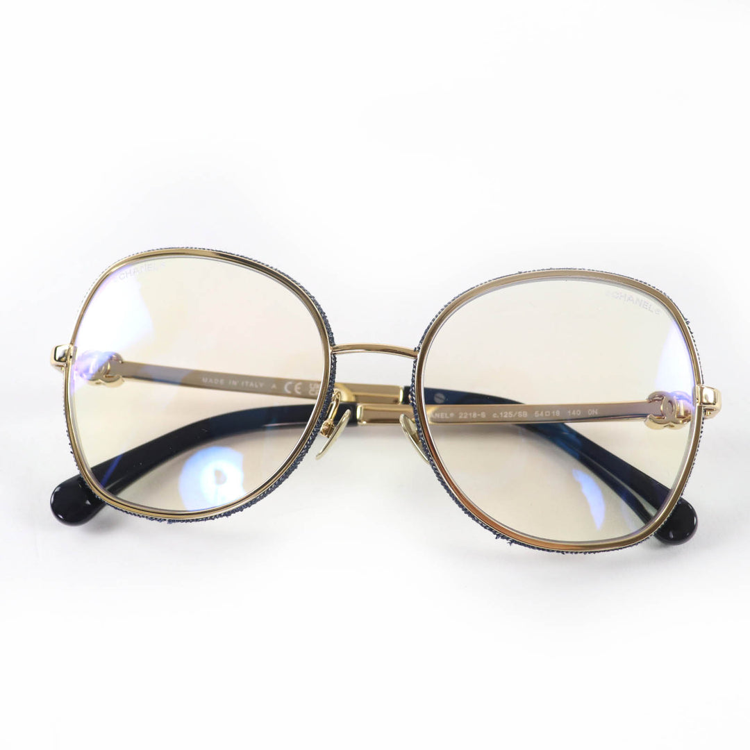 Pristine CHANEL Glasses COCO Mark Round Shape Denim gold Women 2218-S