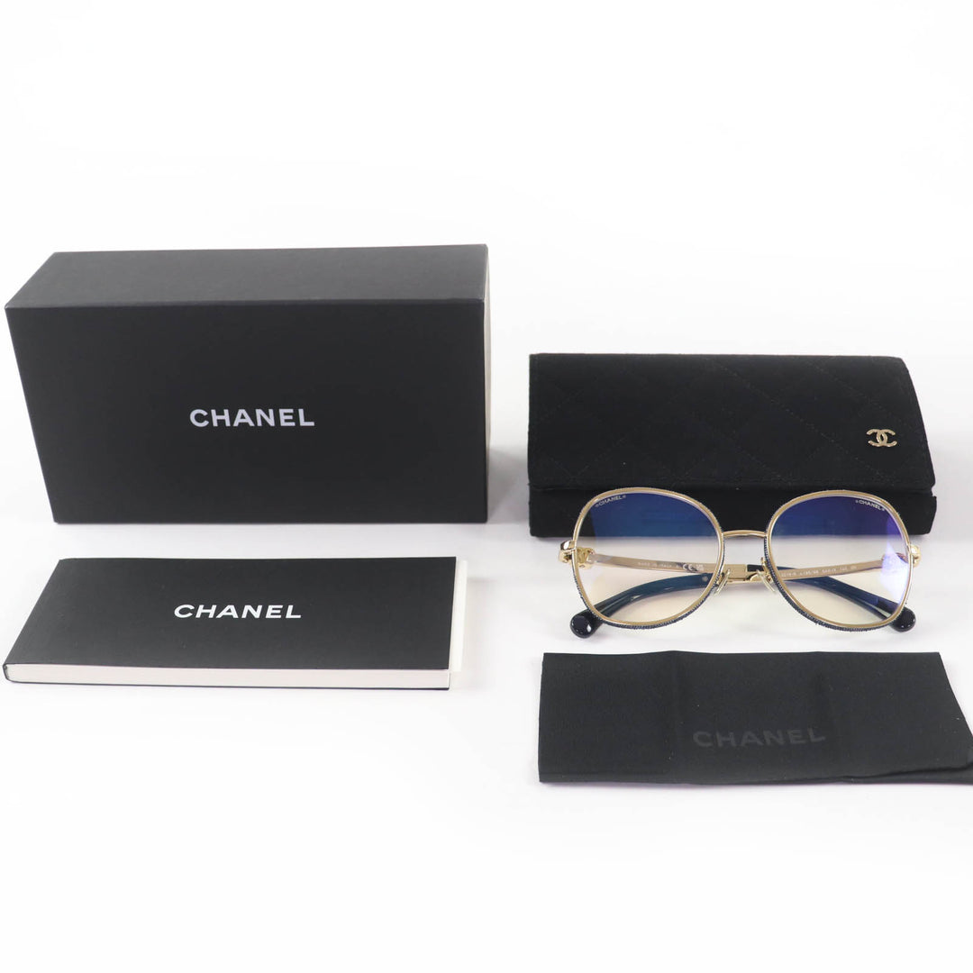 Pristine CHANEL Glasses COCO Mark Round Shape Denim gold Women 2218-S