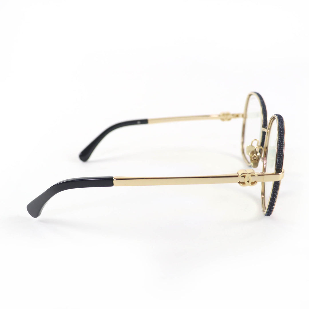 Pristine CHANEL Glasses COCO Mark Round Shape Denim gold Women 2218-S