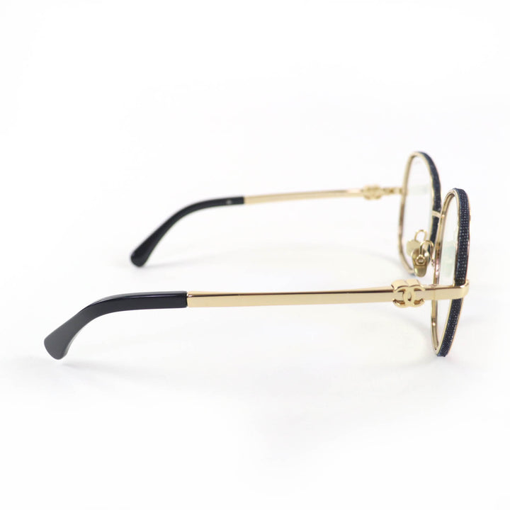 Pristine CHANEL Glasses COCO Mark Round Shape Denim gold Women 2218-S