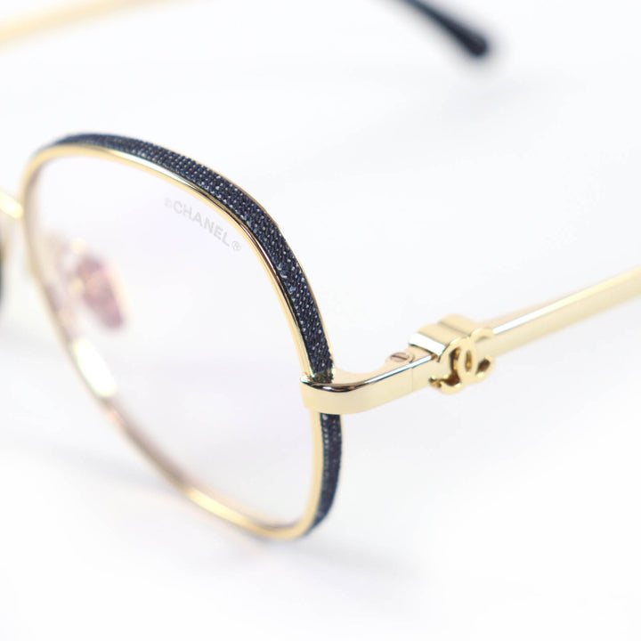 Pristine CHANEL Glasses COCO Mark Round Shape Denim gold Women 2218-S