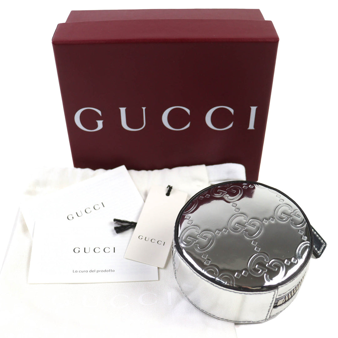 新品 GUCCI ポーチ GG柄 パテントレザー ラウンド シルバー レディース 812339