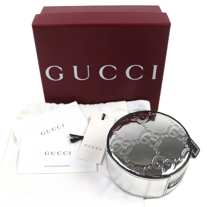 新品 GUCCI ポーチ GG柄 パテントレザー ラウンド シルバー レディース 812339