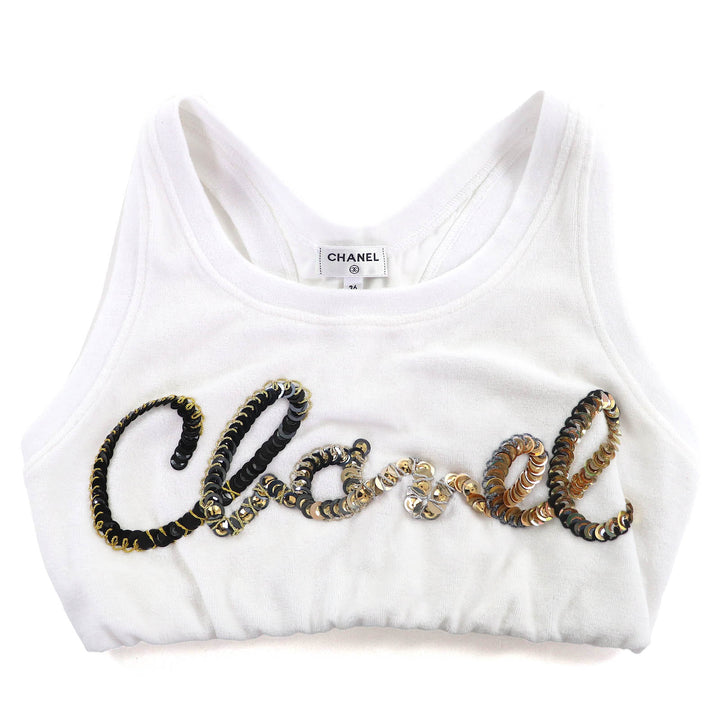 素晴らしい CHANEL タンクトップ ロゴ スパンコール テリー クロップドトップ ホワイト 36 P72665V64316