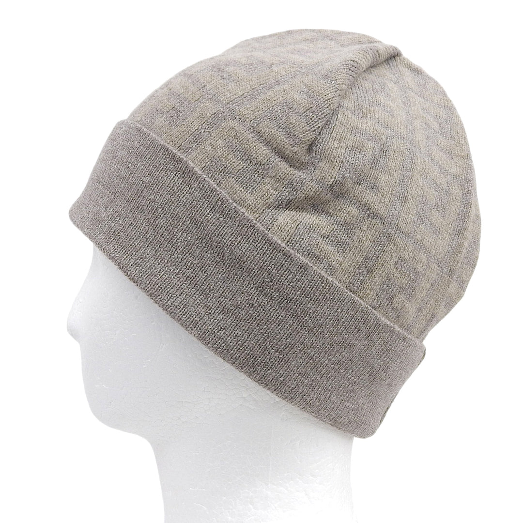 Pristine FENDI Knit cap Cashmere Blend Zucca Pattern Beanie Brown beige wool