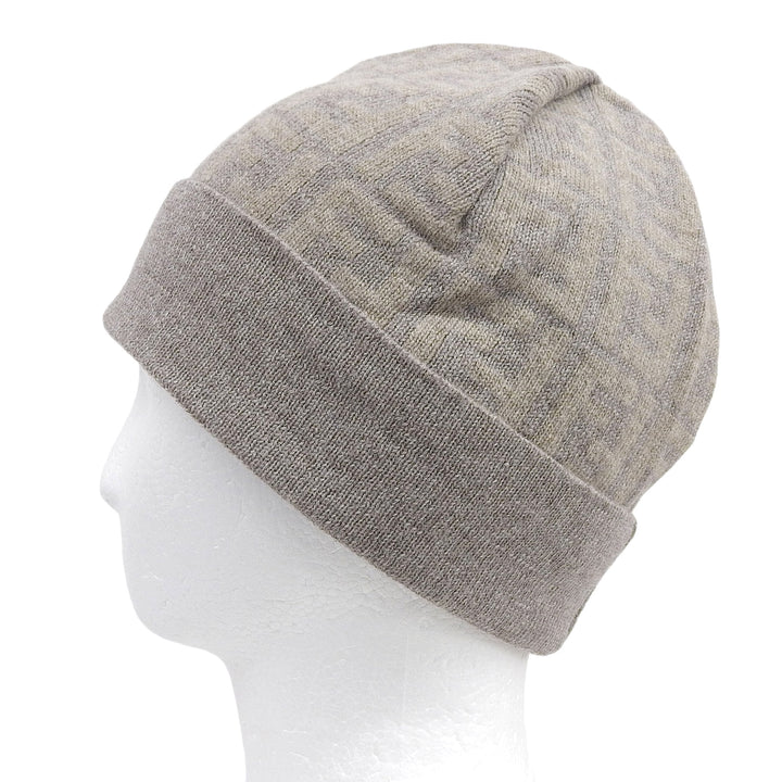 Pristine FENDI Knit cap Cashmere Blend Zucca Pattern Beanie Brown beige wool