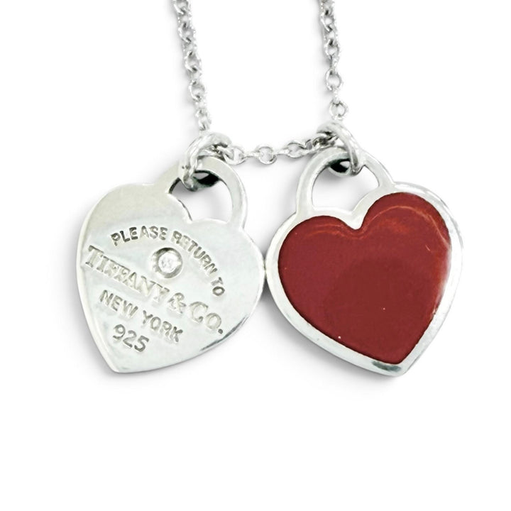 Great TIFFANY&Co. Necklace Red Mini Double Heart Tag 1P Diamond 925 Silver AG925