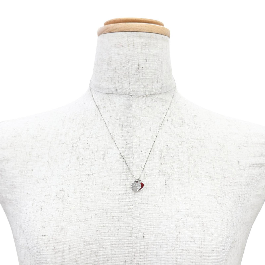 Great TIFFANY&Co. Necklace Red Mini Double Heart Tag 1P Diamond 925 Silver AG925