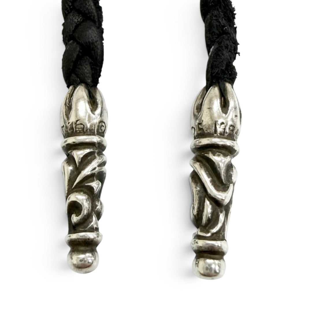 Great CHROME HEARTS Necklace Leather braid scroll bolo tip Silver SV925 mens