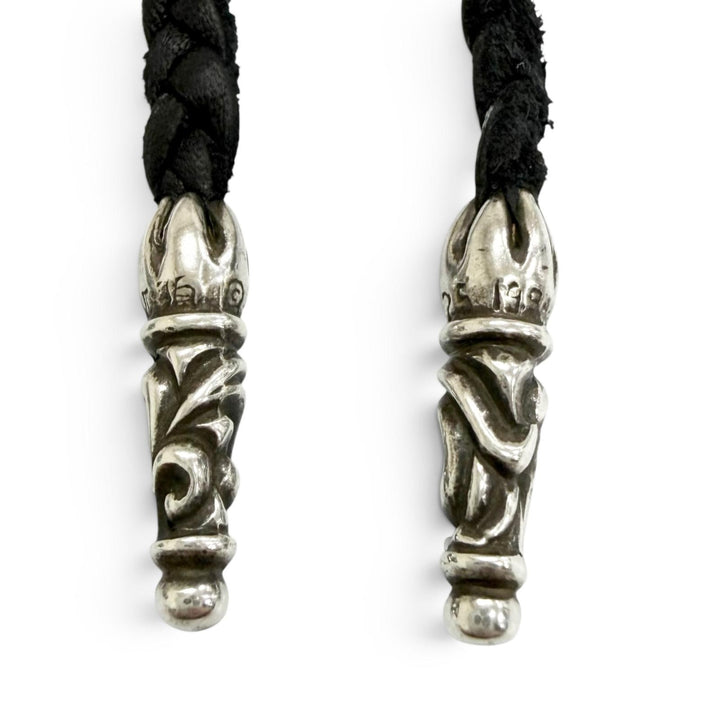 Great CHROME HEARTS Necklace Leather braid scroll bolo tip Silver SV925 mens