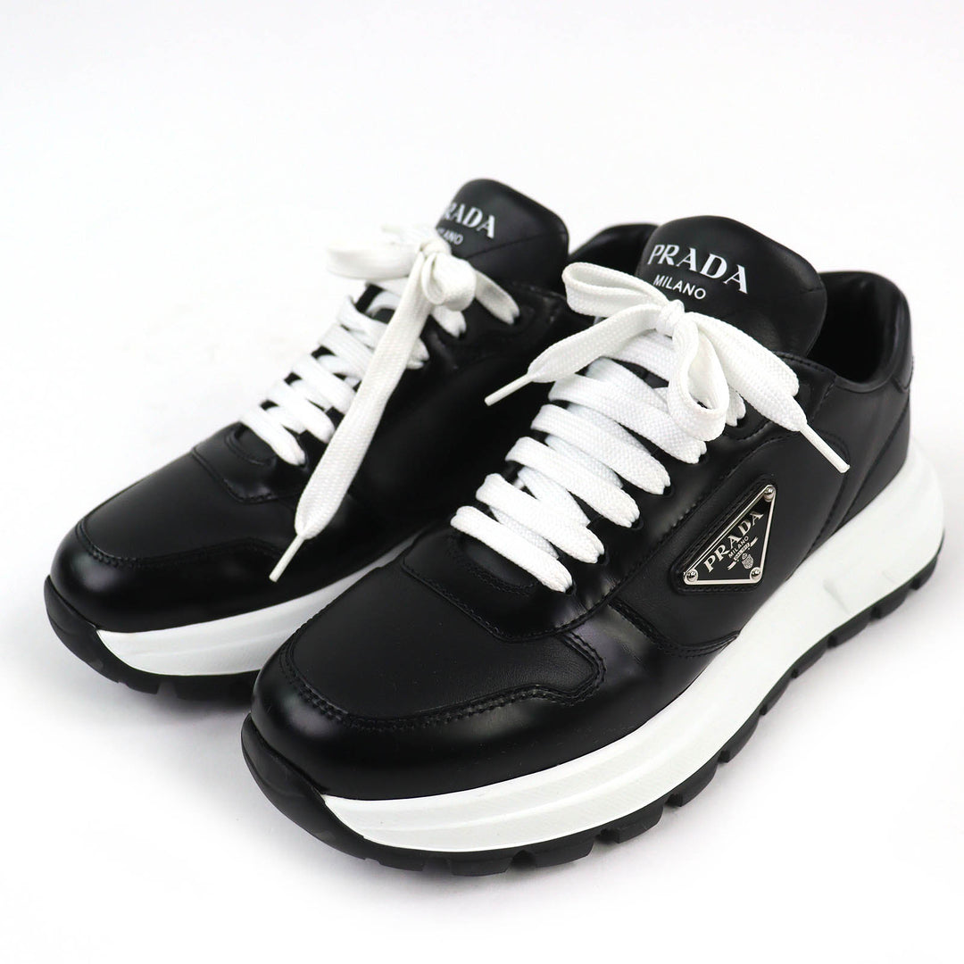 Excellent PRADA Triangle logo plate leather sneakers lightweight black 38 1E804M