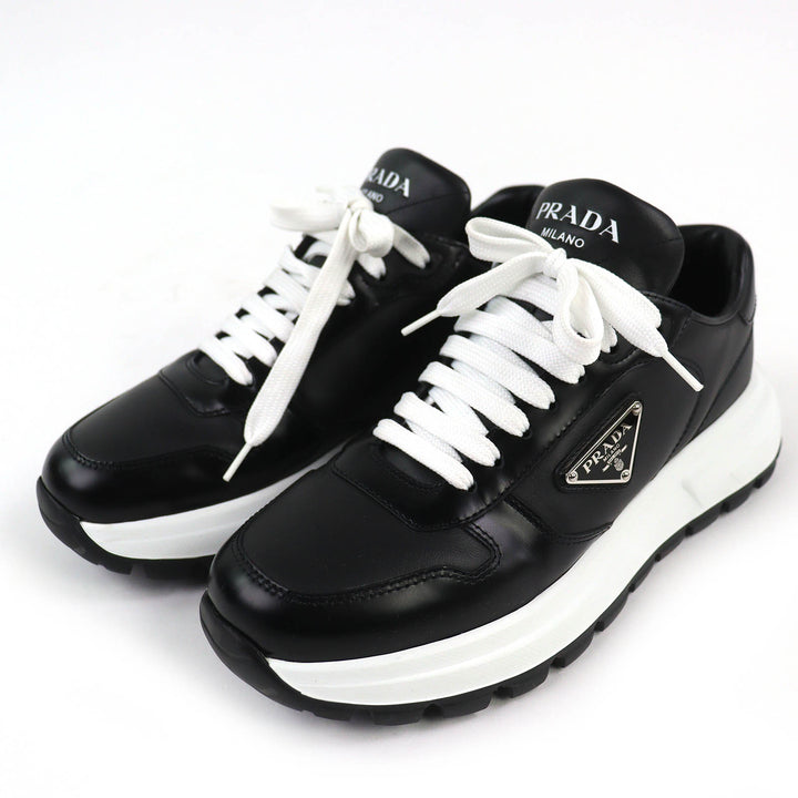 Excellent PRADA Triangle logo plate leather sneakers lightweight black 38 1E804M