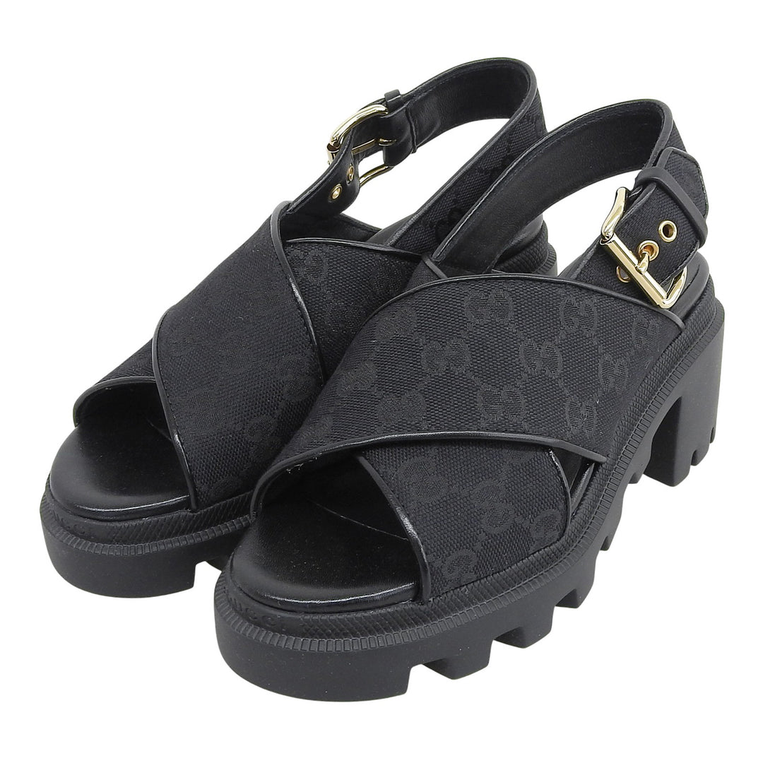 Pristine GUCCI Sandals Cross-strap platform black GG canvas Women 35 749795