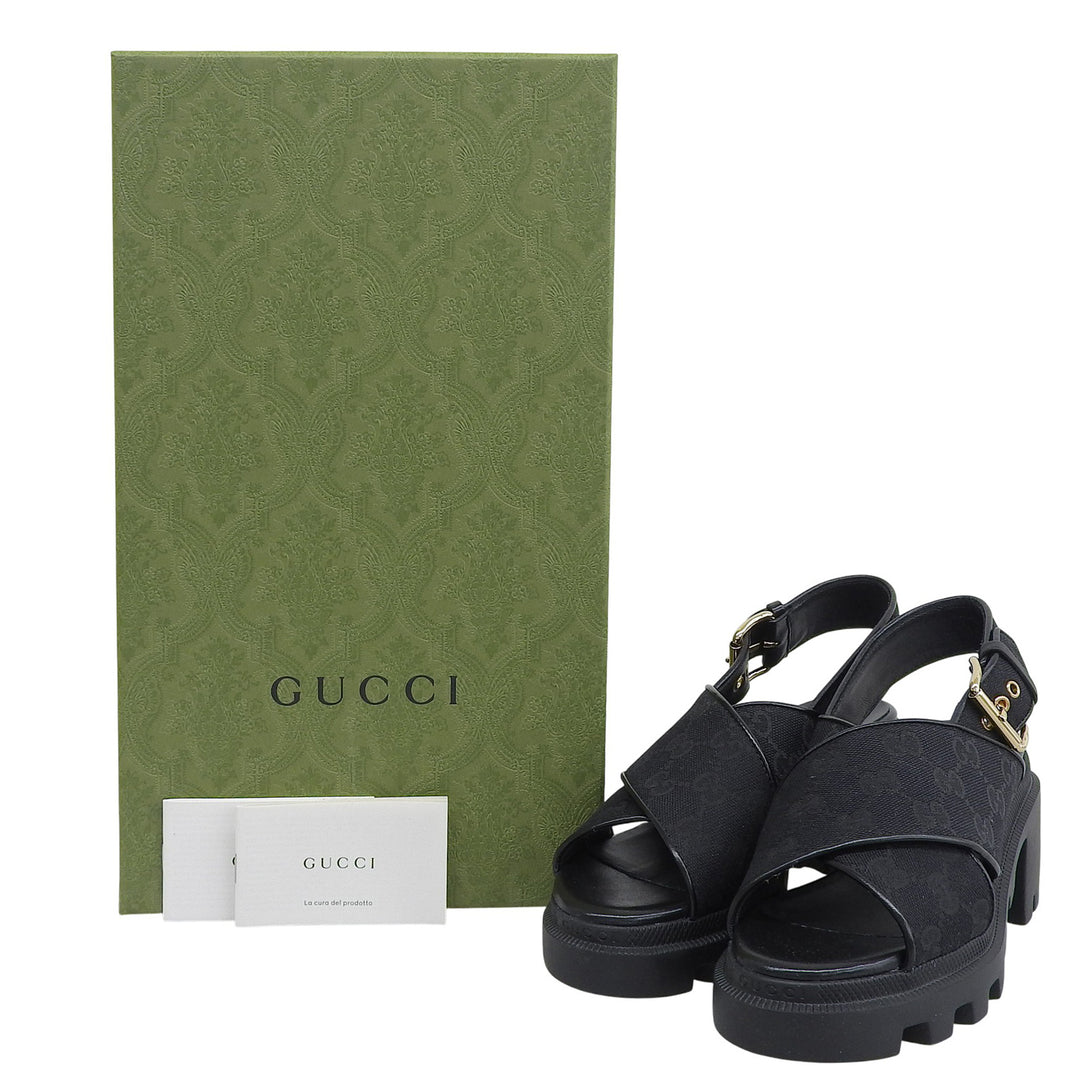 Pristine GUCCI Sandals Cross-strap platform black GG canvas Women 35 749795