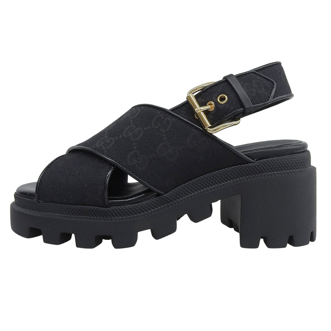 Pristine GUCCI Sandals Cross-strap platform black GG canvas Women 35 749795