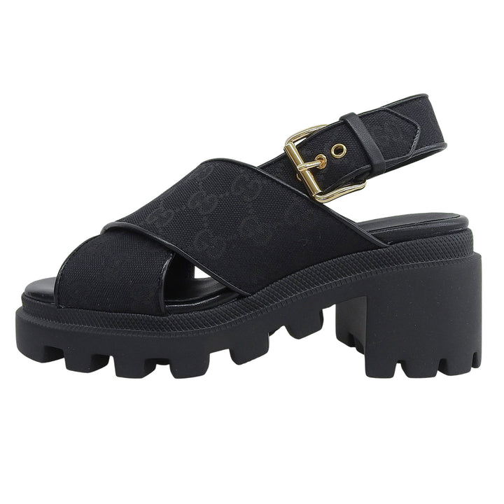 Pristine GUCCI Sandals Cross-strap platform black GG canvas Women 35 749795