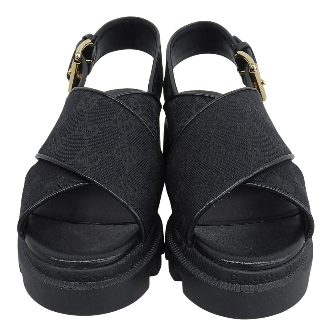 Pristine GUCCI Sandals Cross-strap platform black GG canvas Women 35 749795