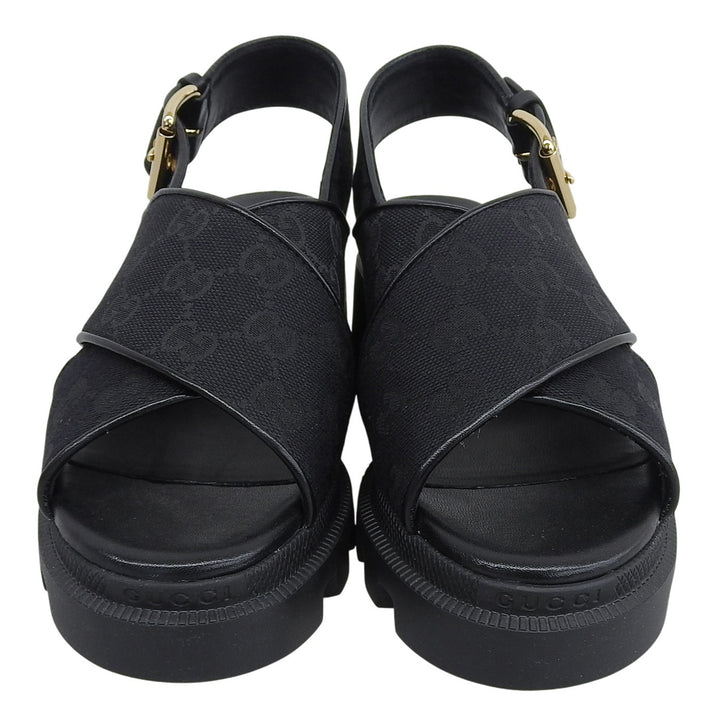 Pristine GUCCI Sandals Cross-strap platform black GG canvas Women 35 749795