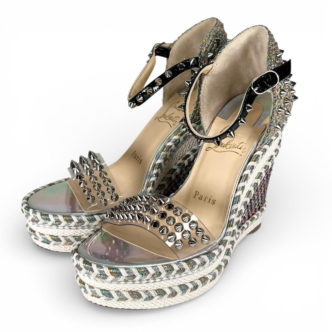 Pristine Christian Louboutin Sandals spike stud wedge sole Silver beige 35