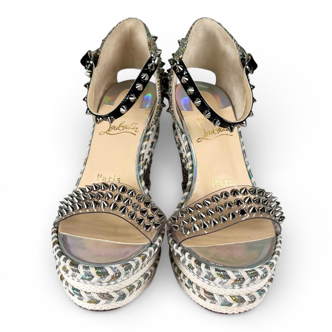 Pristine Christian Louboutin Sandals spike stud wedge sole Silver beige 35