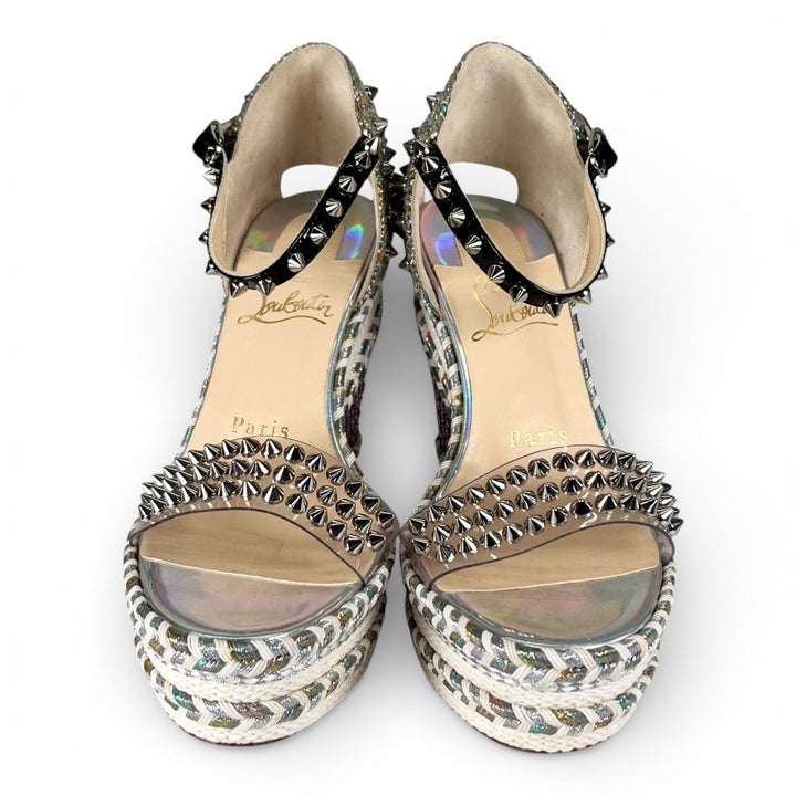 Pristine Christian Louboutin Sandals spike stud wedge sole Silver beige 35
