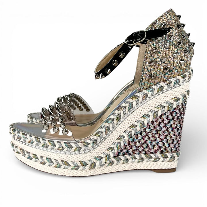 Pristine Christian Louboutin Sandals spike stud wedge sole Silver beige 35