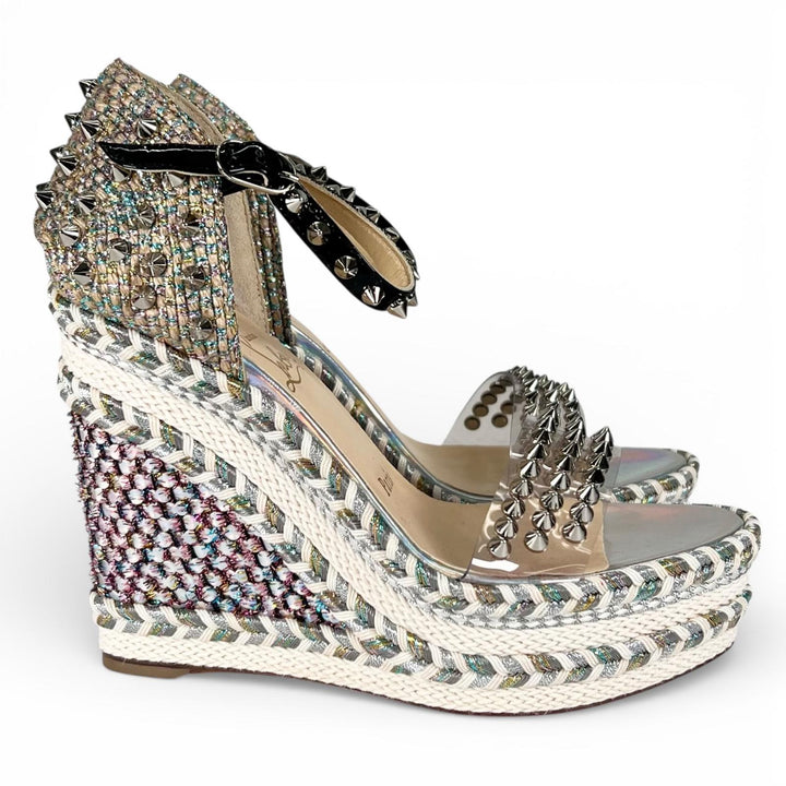 Pristine Christian Louboutin Sandals spike stud wedge sole Silver beige 35
