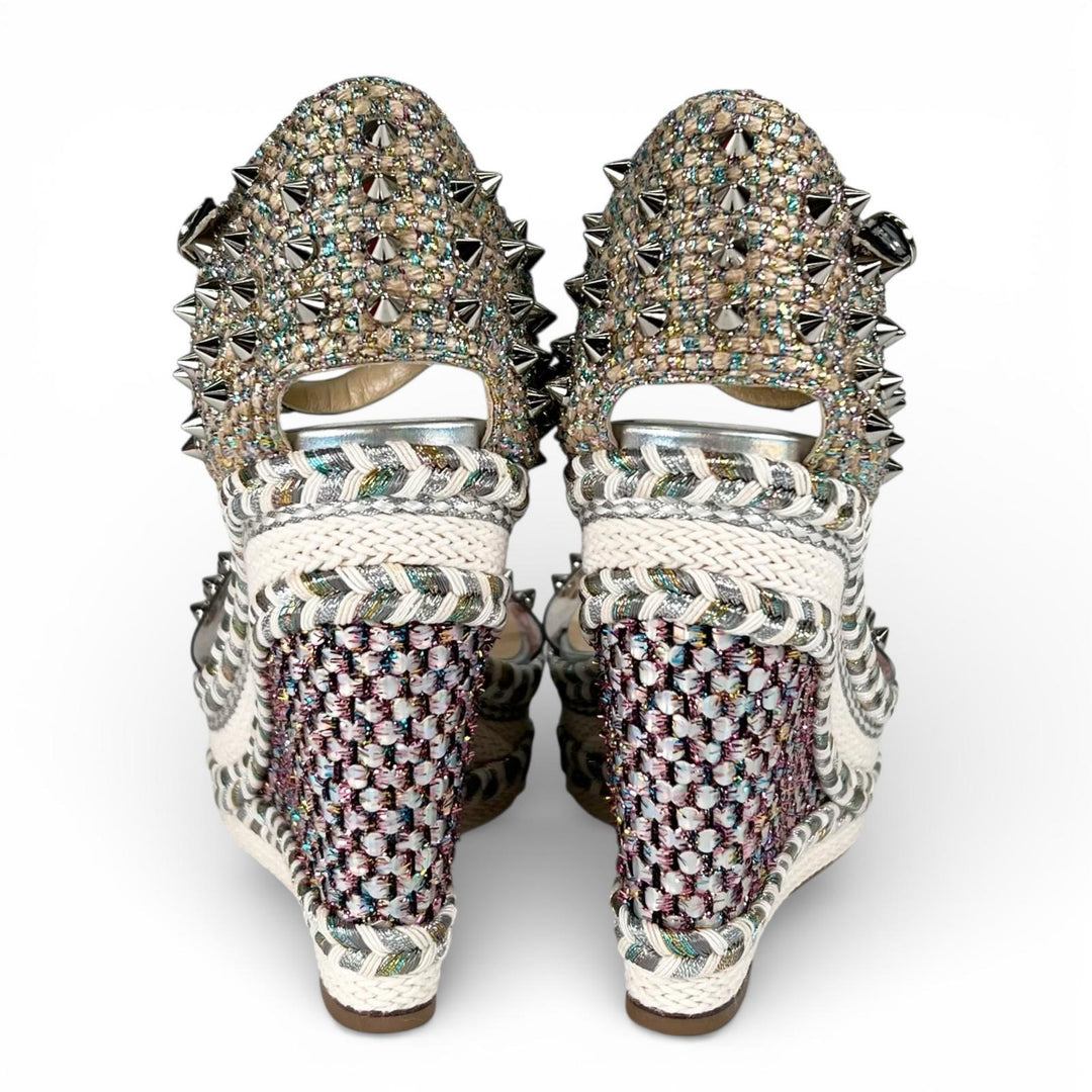 Pristine Christian Louboutin Sandals spike stud wedge sole Silver beige 35