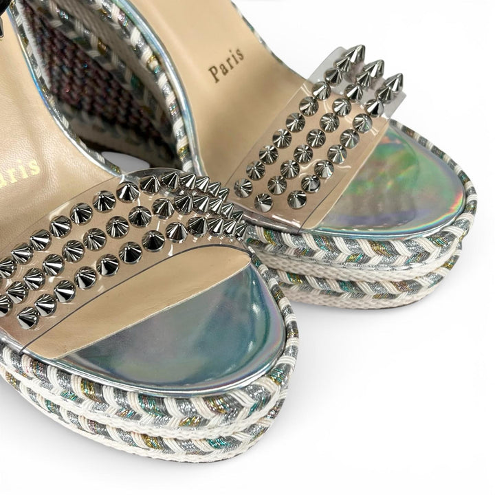 Pristine Christian Louboutin Sandals spike stud wedge sole Silver beige 35