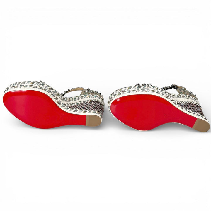 Pristine Christian Louboutin Sandals spike stud wedge sole Silver beige 35