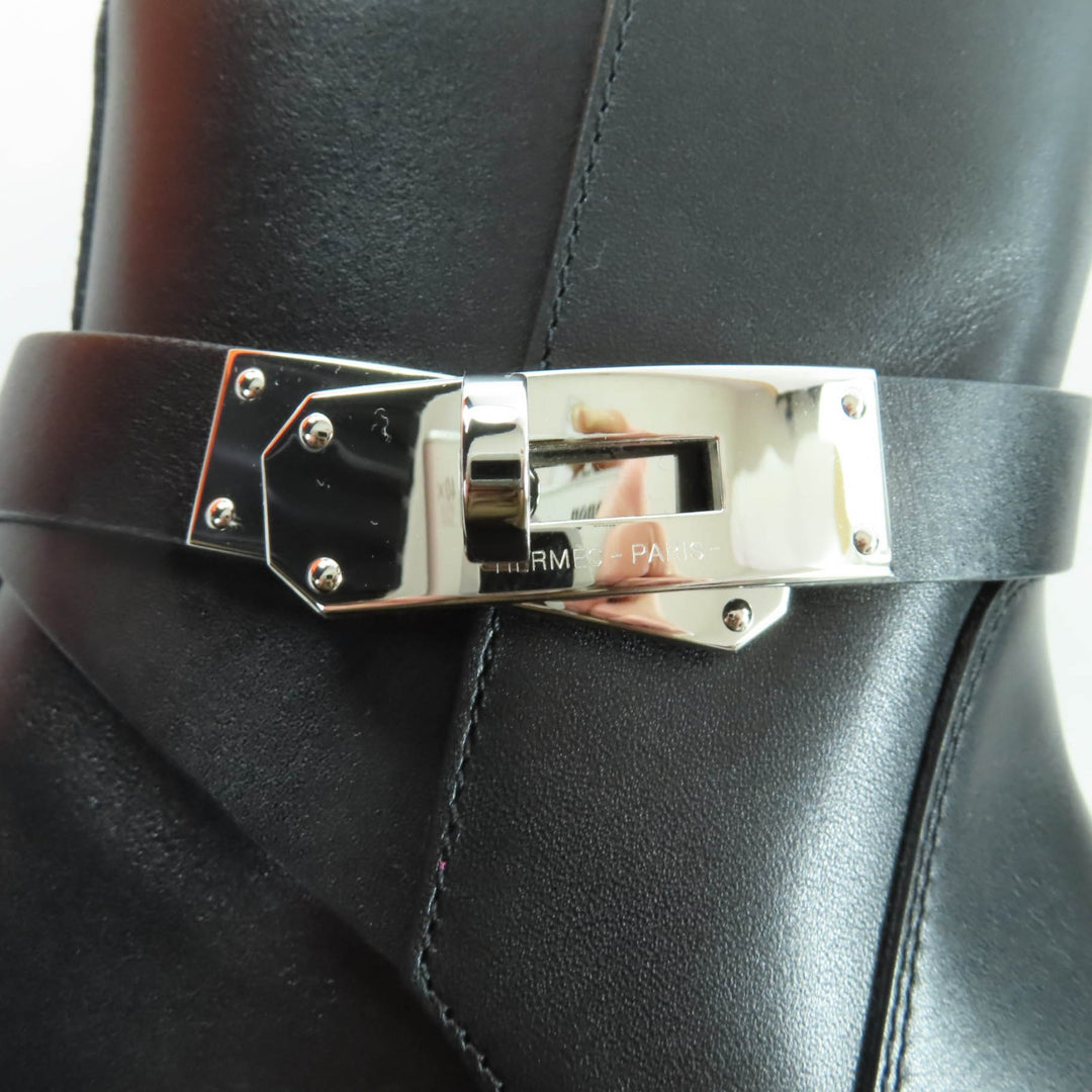 HERMES ショートブーツ ネオケリー バックル レザー ブラック レザー レディース 34.5