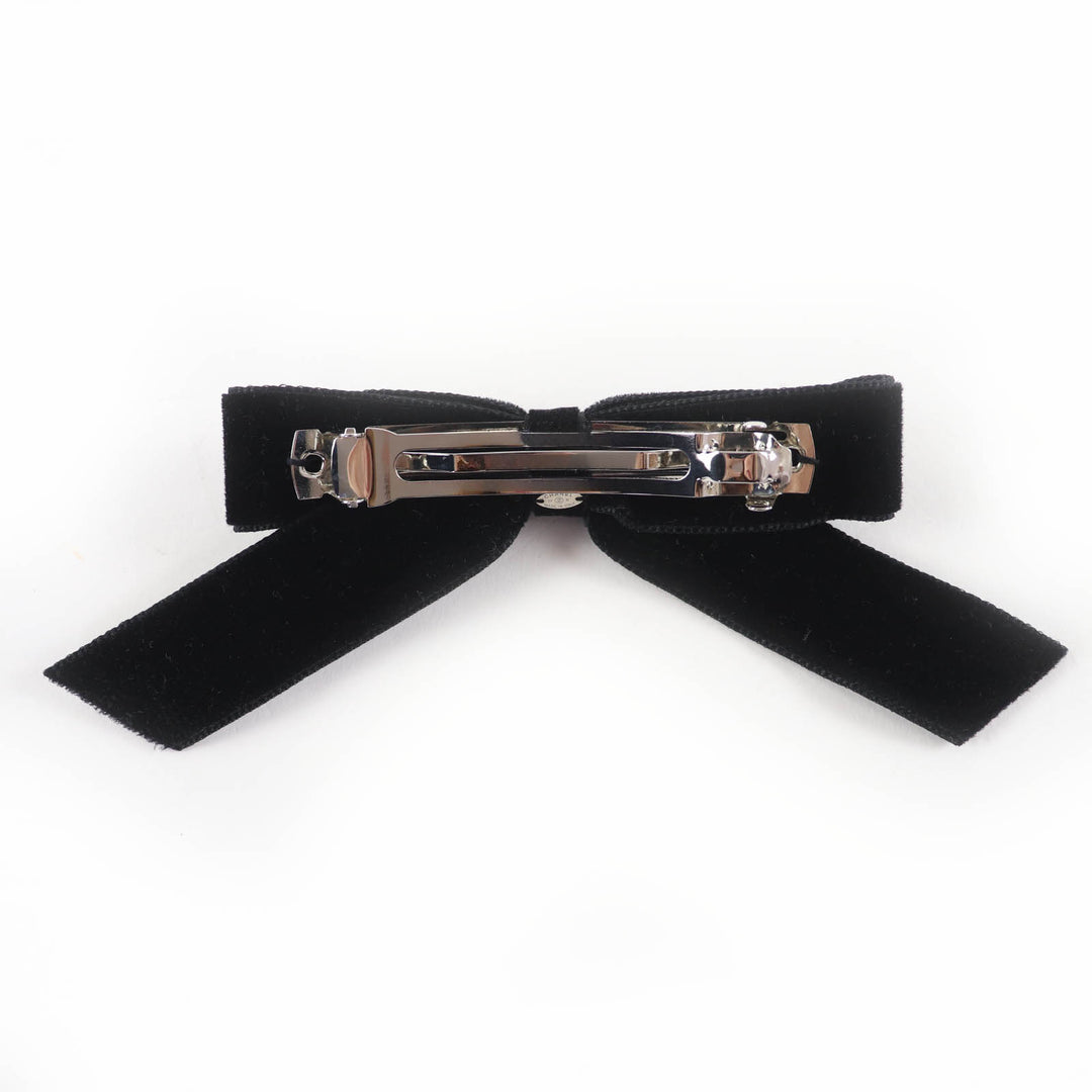 Excellent CHANEL hair accessory COCO Mark Ribbon Velvet Barrette black Women 22B
