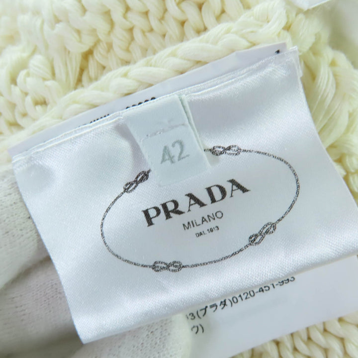 優れたPRADAベストトライアングルロゴケーブルニットアイボリーコットンレディース42 P29837