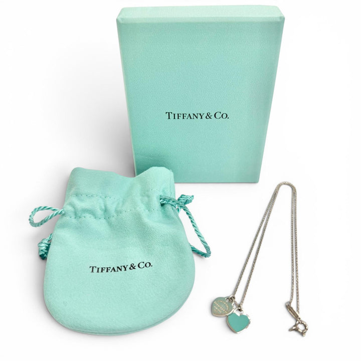 Great TIFFANY&Co. Necklace Mini double heart tag Pendant Silver AG925 Women