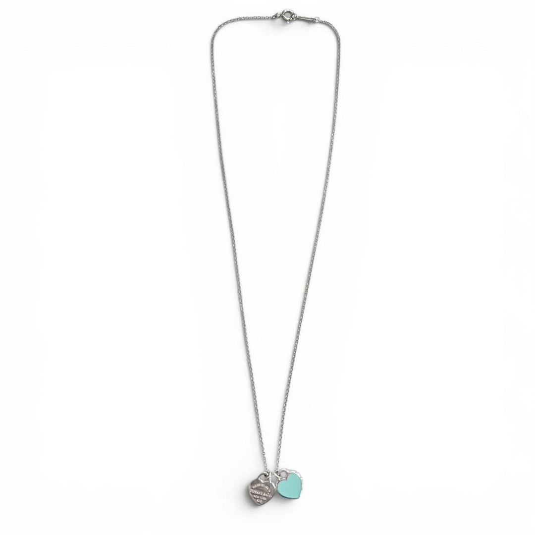 Great TIFFANY&Co. Necklace Mini double heart tag Pendant Silver AG925 Women