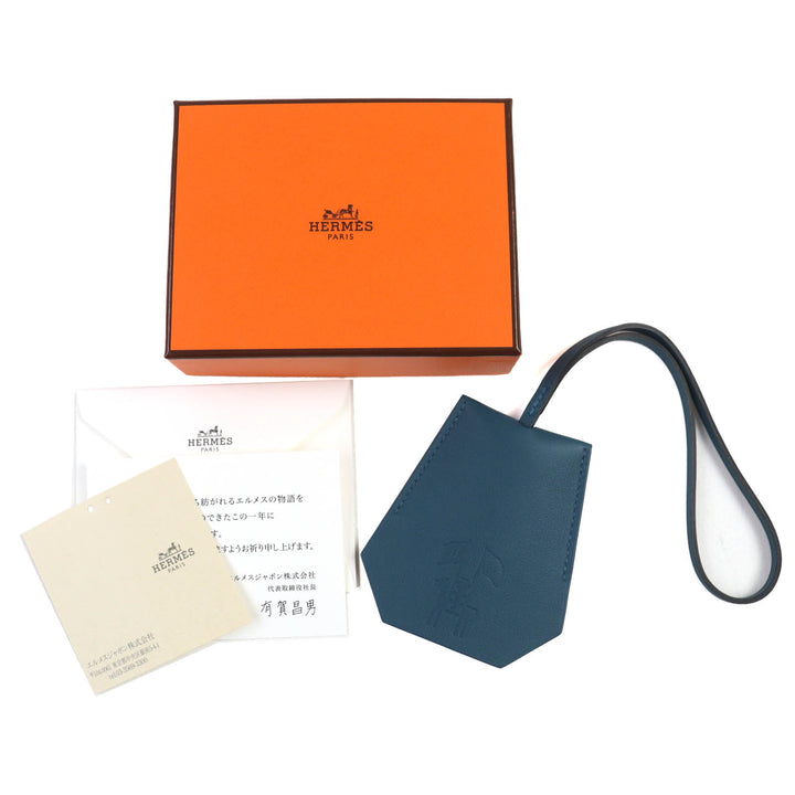 新品 HERMES バッグチャーム イヤーズギフト キークロシェット ネイビー系 レザー レディース