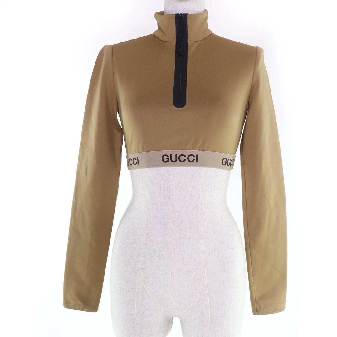 Pristine GUCCI tops Logo-emblazoned cropped long-sleeve T-shirt Brown XXS 672399