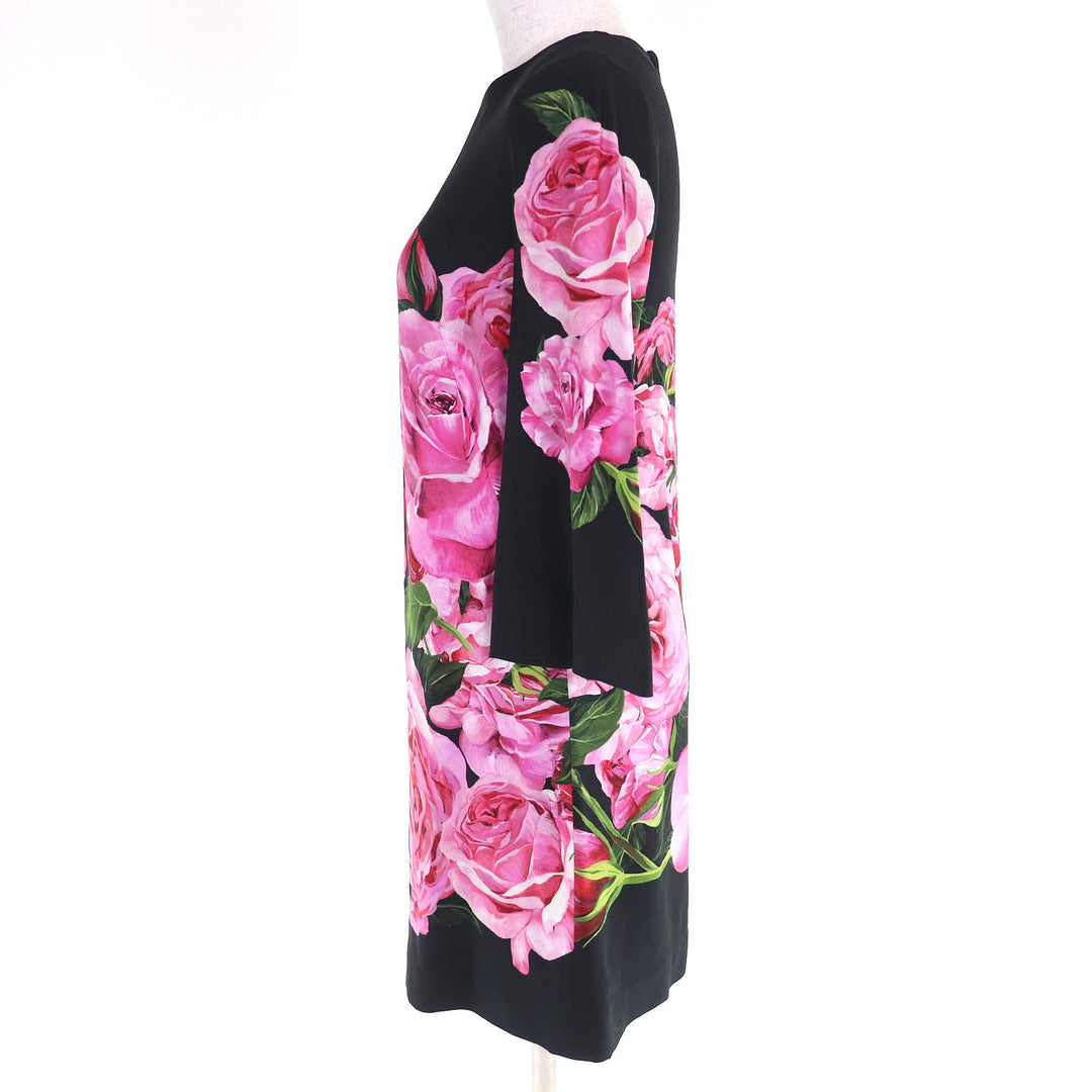 Excellent DOLCE&GABBANA Black Tag Rose Print 3/4 Sleeve Dress Mini Dress 38