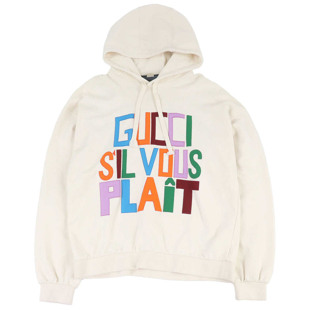 素晴らしい GUCCI パーカー フェルト スウェットシャツ パッチ付き アイボリー コットン メンズ XS 721427