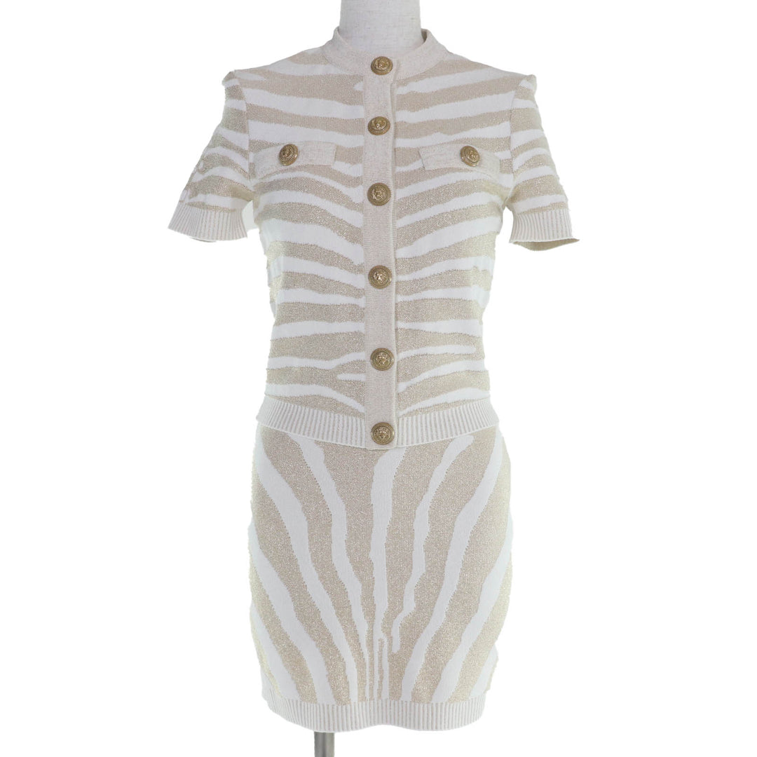 Excellent BALMAIN two-piece set Zebra print knit top and mini skirt gold Women