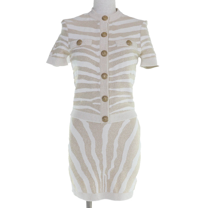 Excellent BALMAIN two-piece set Zebra print knit top and mini skirt gold Women