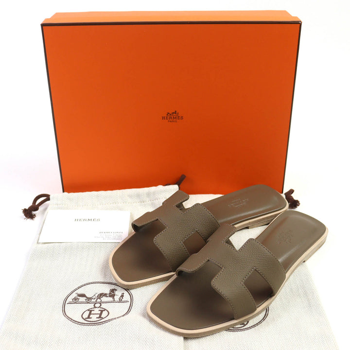 新品 HERMES ミュール オラン Hロゴ レザー フラットサンダル レザー レディース 37