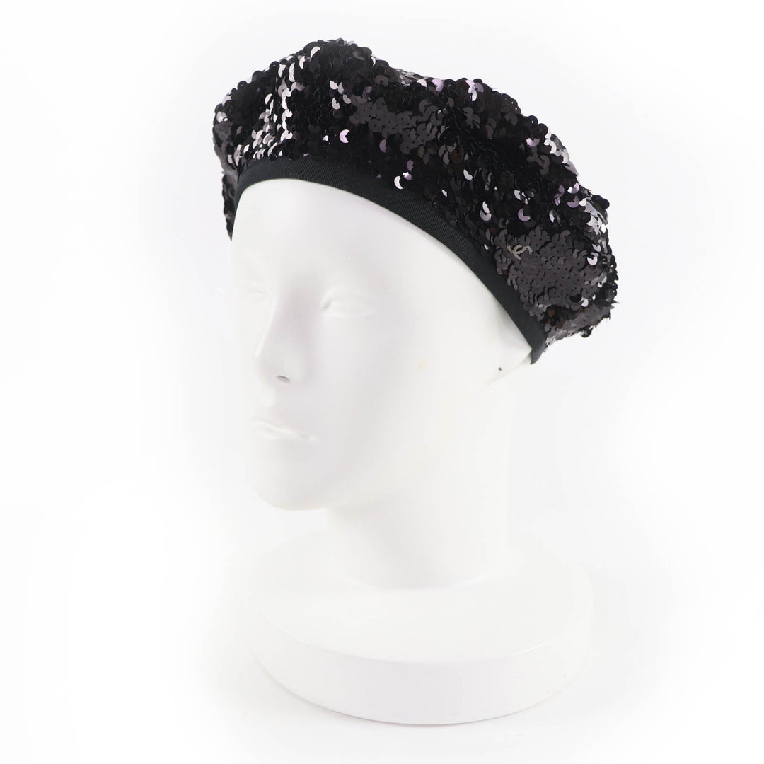 Great CHANEL beret COCO Mark 100% silk lining with sequins black Women M 17C