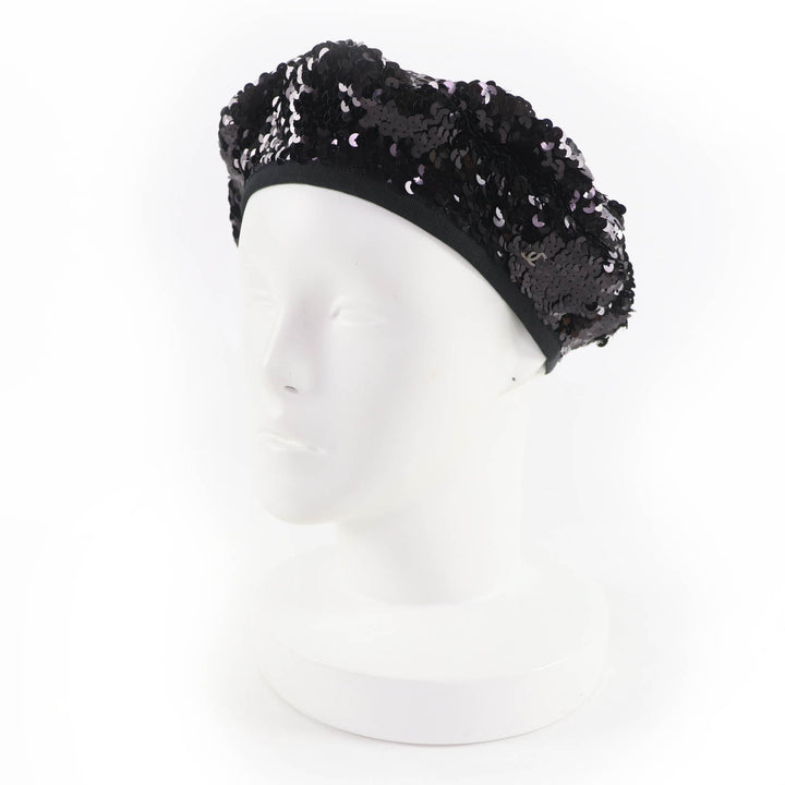 Great CHANEL beret COCO Mark 100% silk lining with sequins black Women M 17C