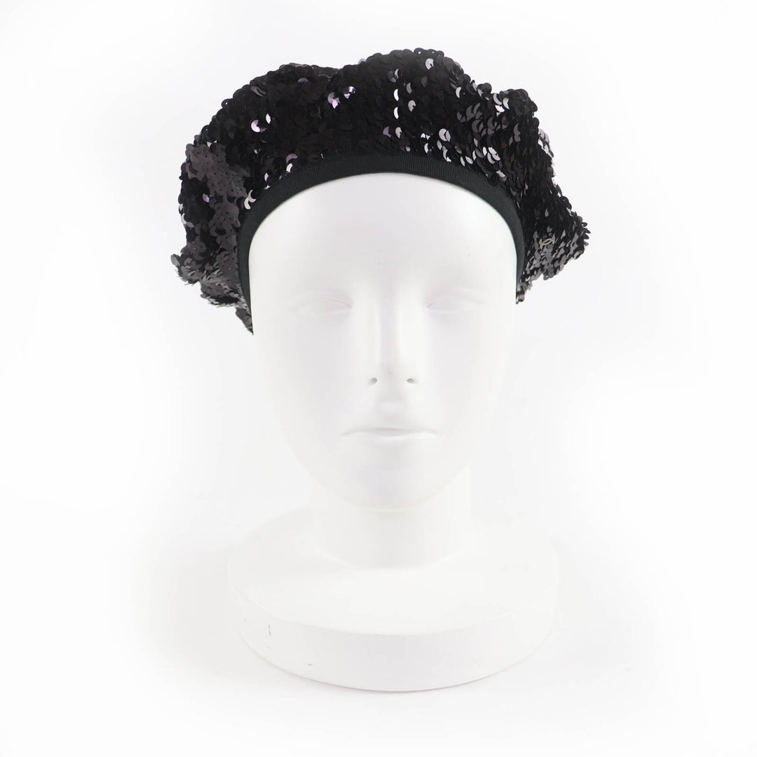 Great CHANEL beret COCO Mark 100% silk lining with sequins black Women M 17C