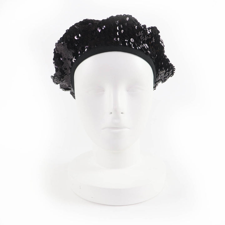 Great CHANEL beret COCO Mark 100% silk lining with sequins black Women M 17C