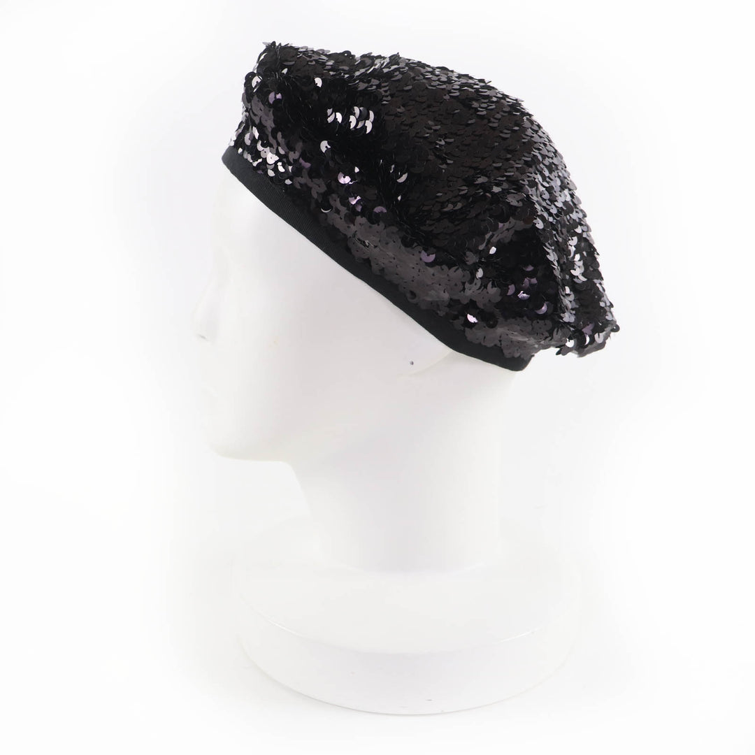 Great CHANEL beret COCO Mark 100% silk lining with sequins black Women M 17C